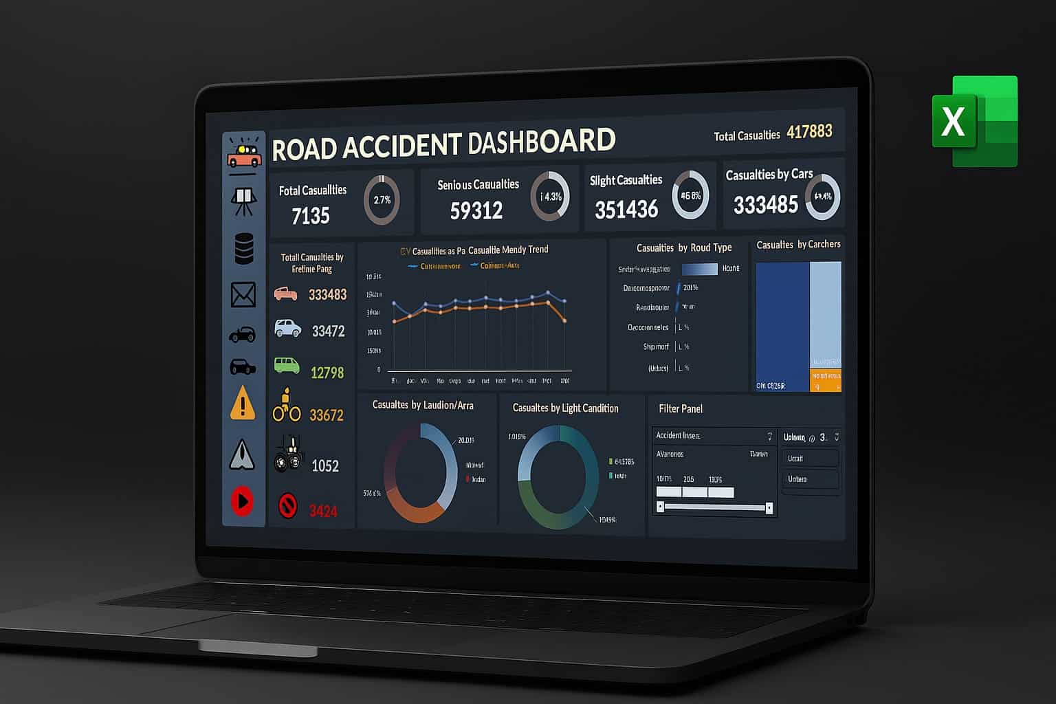 Excel Road Accident Dashboard displaying KPIs and interactive filters.