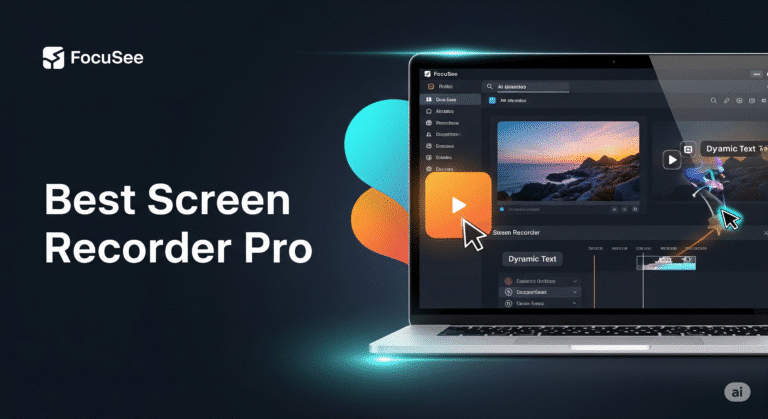Feature image showing FocuSee Screen Recorder interface with AI-powered zoom, captions, and custom branding.