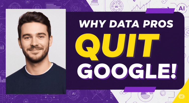 A dynamic YouTube thumbnail featuring a data professional on the left, with a vibrant purple, yellow, and white background. The text "Why Data Pros Quit Google and choose Perplexity Ai" is prominently displayed, highlighting the shift to Perplexity AI for data professionals.
