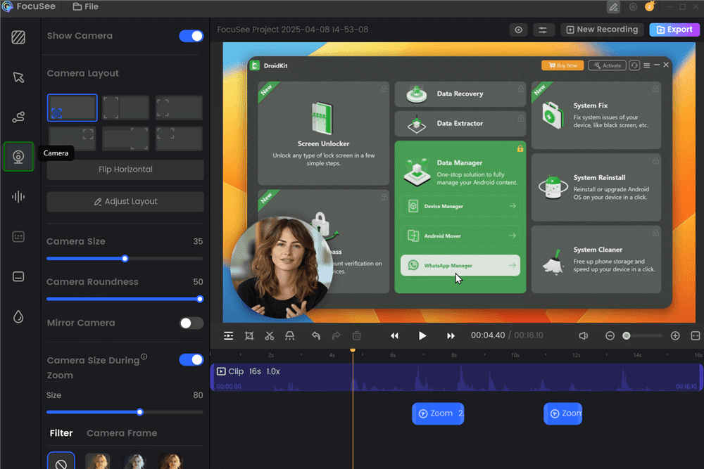Person creating a polished tutorial in FocuSee, showcasing automatic zoom effects and branded captions, with both Mac and Windows interfaces visible.