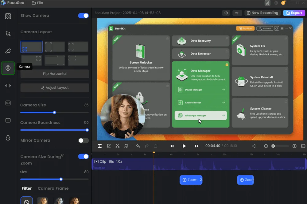 Person creating a polished tutorial in FocuSee, showcasing automatic zoom effects and branded captions, with both Mac and Windows interfaces visible.